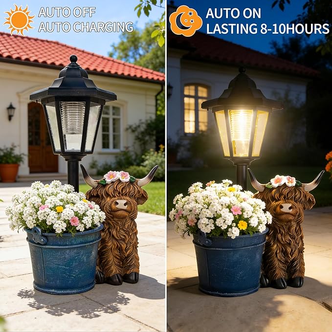 YEPOTUE Solar Highland Cow Outdoor Statue, Garden Decor with Flowerpot & Lantern Highland Cow Figurines for Yard Art Lawn Ornaments Porch Patio Balcony - Gifts for Women Mom