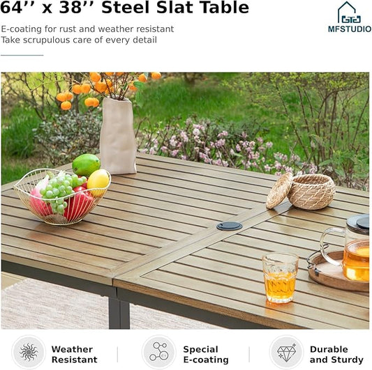 MFSTUDIO 7 Pieces Outdoor Dining Sets for 6, Wicker Swivel & Leg Chairs and Wood-Like Metal Table for 6, Heavy Duty Patio Dining Furniture Rectangular Table and Chairs, Deck, Porch