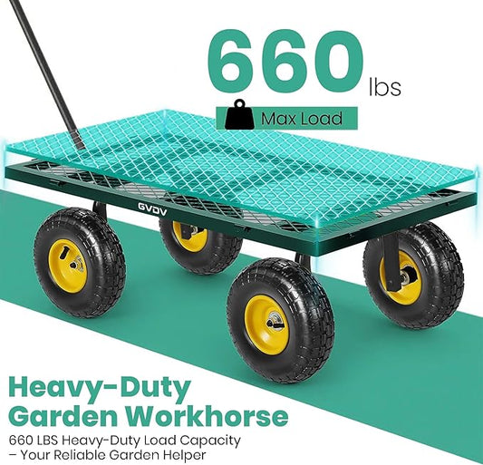 GVDV 660LB Garden Cart with Liner, Heavy Duty Steel Garden Wagon, Folding Utility Wagon with Removable Sides and 10" All-Terrain Wheels