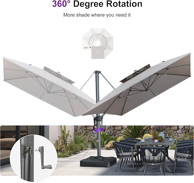 PURPLE LEAF Patio Umbrella with Base Included 10' X 13' Outdoor Cantilever Umbrella Large Rectangle Double Top Heavy Duty Offset Umbrella with 360-Degree Rotation for Pool Garden Deck Cast Ash