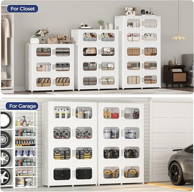 800QT Large Stackable Storage Bins with Lid, 200Gal Plastic Collapsible Closet Organizers Drawers Box with Wheels, Folding Cabinet Containers with Doors for Home Kitchen Office, 4Pack White