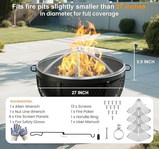 Fire Pit Spark Screen 27 Inch Round, Heavy Duty Stainless Steel Outdoor Fire Pit Screen Cover with Foldable Hook & Fire Safety Gloves, Mesh Spark Protector for Backyard, Camping, Beach