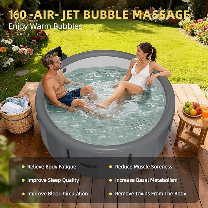 4-6 Person Inflatable Hot Tub, Portable Outdoor Spa with 160 Soothing Air Jets(77" x 28"), Portable Hot Tub with Cover and Heater Pump, Gray