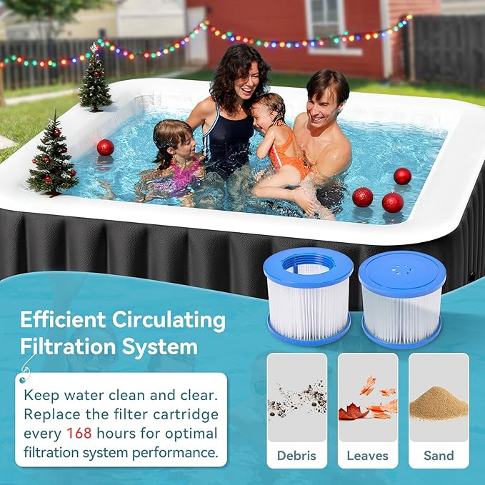 Blow Up Inflatable Hot Tub, 4-6 Person Large Square Portable Hot Tub, Leak-Proof PVC Outdoor Spa with 130 Air Jets, Heater Pump and Insulated Cover, 73” X 73”X 25”