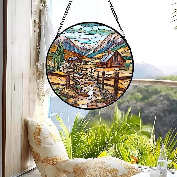 QZQCBLC Stained Glass Window Hanging Mountain Ranch Rural Life Large 15" - Cactus Suncatcher Door Terrace Garden Sun Catcher Home Decor Birthday Christmas for Mom Men Woman Friend
