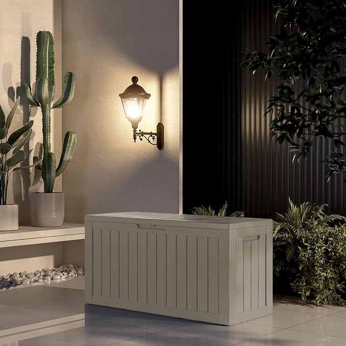 82 Gallon Waterproof Large Resin Deck Box Indoor/Outdoor Lockable Storage Container and Seating for Garden, Pool, and Patio (82 Gallon, Grey)