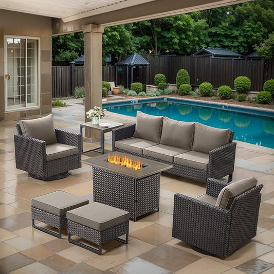 7 Piece Wicker Patio Furniture with Fire Pit Table - Outdoor Conversation Set with 50,000 BTU Fire Pit, All Weather Rattan Patio Set for Deck Backyard Garden - Brown Wicker Grey Cushion