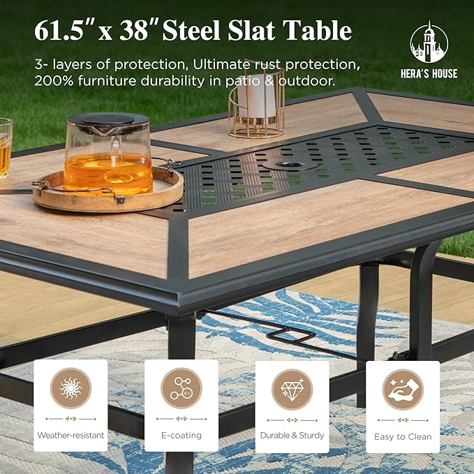 HERA'S HOUSE Patio Dining Table with Umbrella Hole for 6, Rectangle Outdoor Metal Table for Lawn Garden Backyard