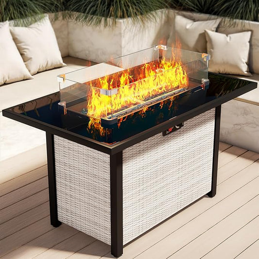Propane Fire Pit Table, Outdoor Fire Pit Table, 43" Rattan Square Outdoor Gas FirePit with Glass Wind Guard, Tempered Glass Tabletop, Lid, CSA Listed, 60,000 BTU, Outside Patio & Garden, Gray-White