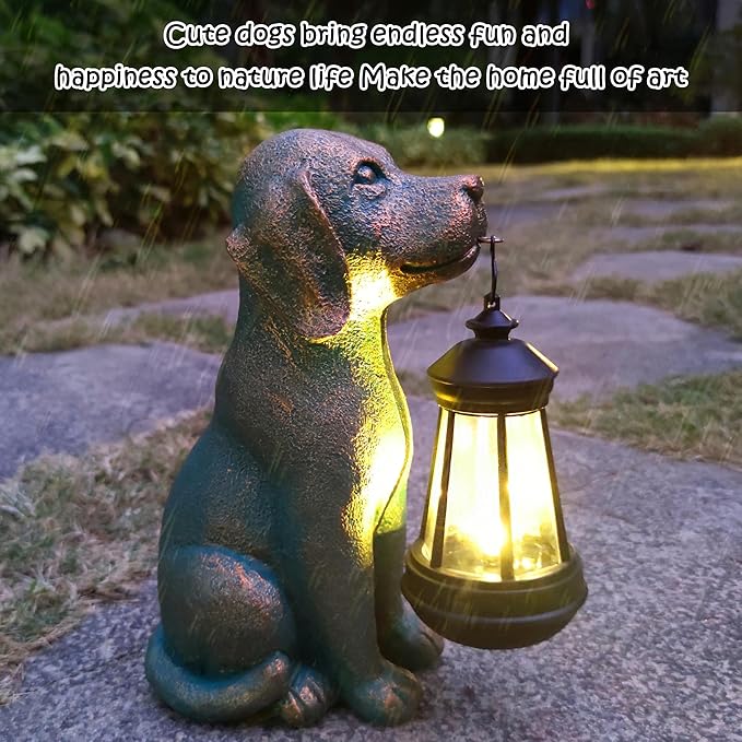 RCTTICUU Dog Garden Statue Outdoor Décor with Solar Lights Lantern,Dog Solar Light Figurines Outside Decorations for Yard，Lawn ,Patio, Balcony, Unique Housewarming Gifts