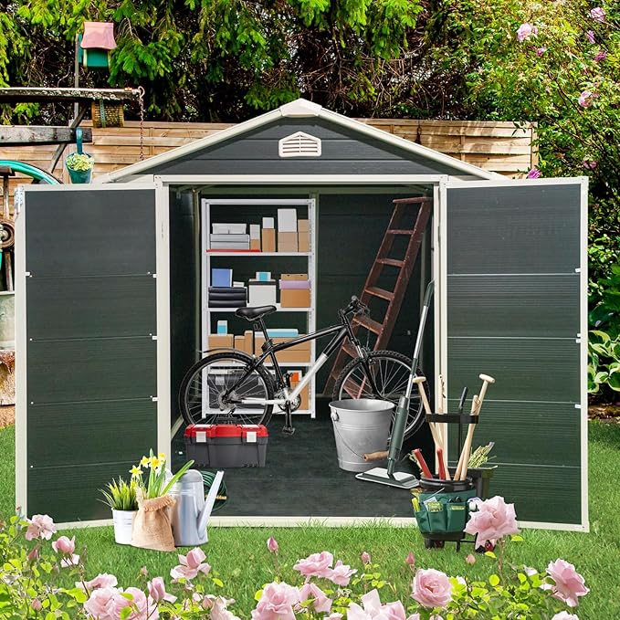 JT 6×8ft Resin Outdoor Storage Shed,Outdoor Storage Shed with Floor & Window to Store Patio Furniture, Garden Tools Bike Accessories, Beach Chairs and Lawn Mower. (Black, 6ft*8ft)