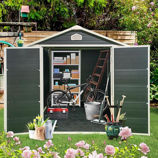 JT 6×8ft Resin Outdoor Storage Shed,Outdoor Storage Shed with Floor & Window to Store Patio Furniture, Garden Tools Bike Accessories, Beach Chairs and Lawn Mower. (Black, 6ft*8ft)