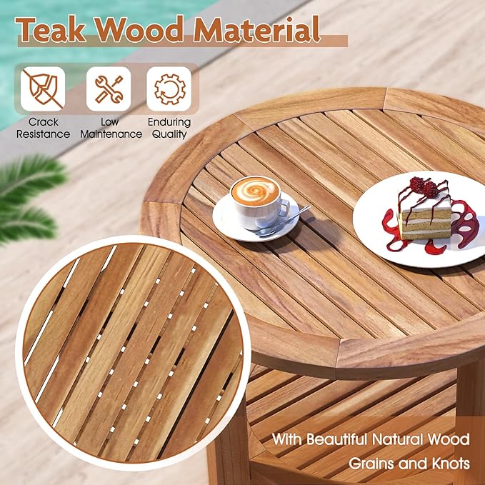 Tangkula Outdoor Round Side Table, 19.5 Inches Teak Wood Patio Table with Slatted Tabletop & Storage Shelf, 2-Tier Heavy Duty Small End Table for Backyard, Porch, Deck, Yard, Garden, Natural