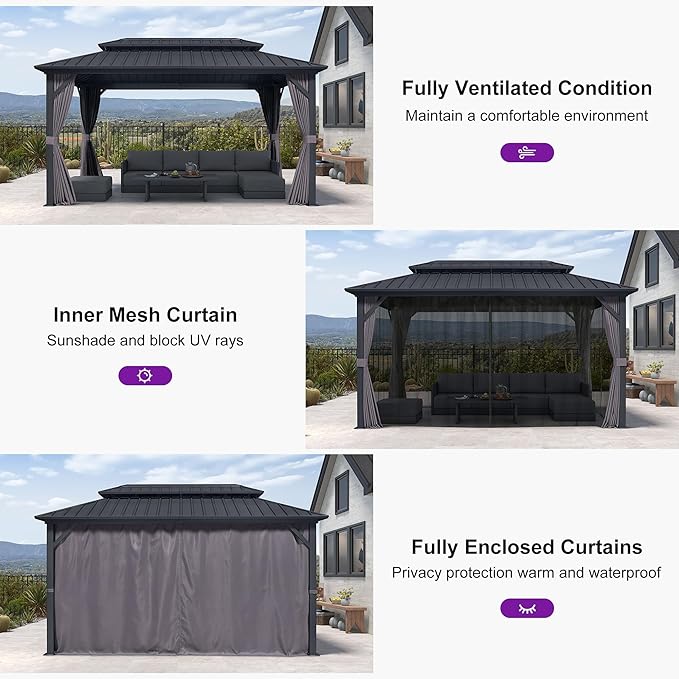 PURPLE LEAF 8' X 14' Permanent Hardtop Aluminum Gazebo with Double Galvanized Steel Roof Removable Netting Curtains and Ceiling Hooks for Patio Lawn Backyard Deck Garden Grey