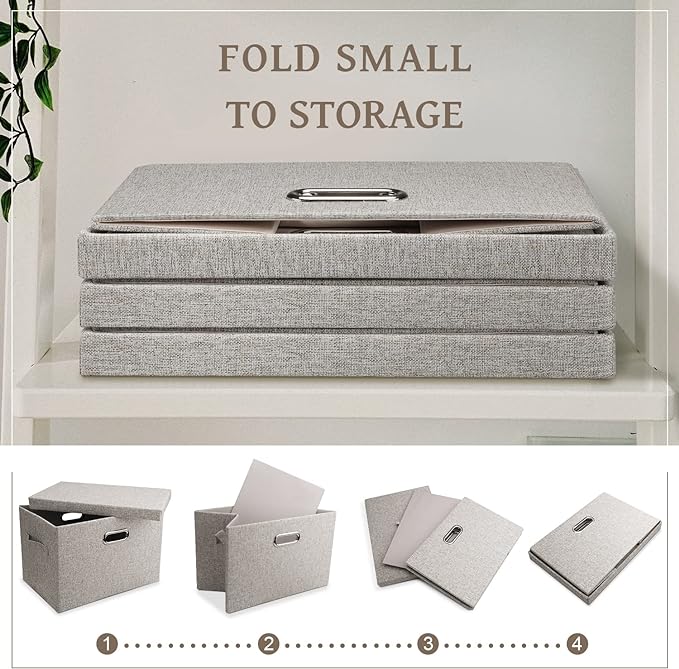 Medium 15" 21 Quart Collapsible Stackable Storage Bins with Lids, 3 Packs Beige Foldable Fabric Closet Boxes Heavy-duty Linen Cube Baskets Container for Bedroom Office (15 x 11 x 8)