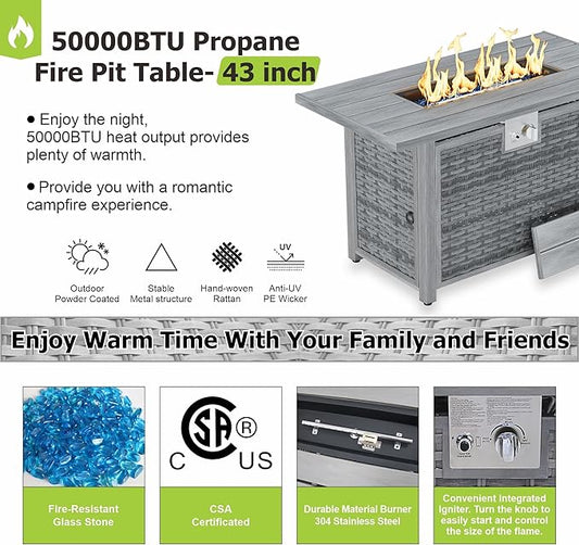 Dineli 43-Inch Rectangular Propane Fire Pit Firepits for Outside Patio Fire Pit Table, Gas Fire Pits with Adjustable Feet, Tabletop Fire Pits for Backyard Deck Balcony, 50,000 BTU, Light Gray