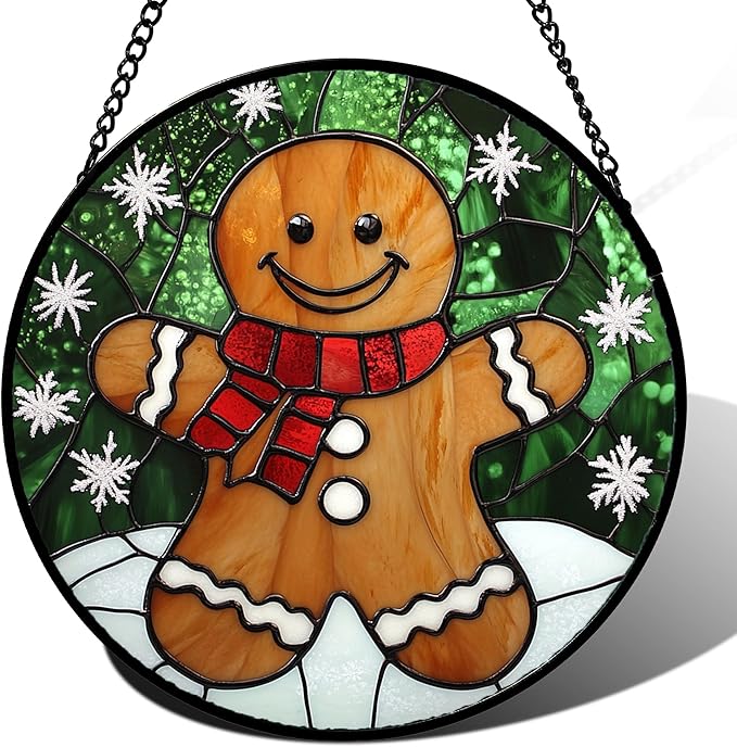 CRISGIF Stained Glass Window Hanging Cute Christmas Gingerbread Man Snowflake 7.8" - Suncatcher Door Garden Sun Catcher Home Decor Birthday for Mom Men Woman Nana Friend