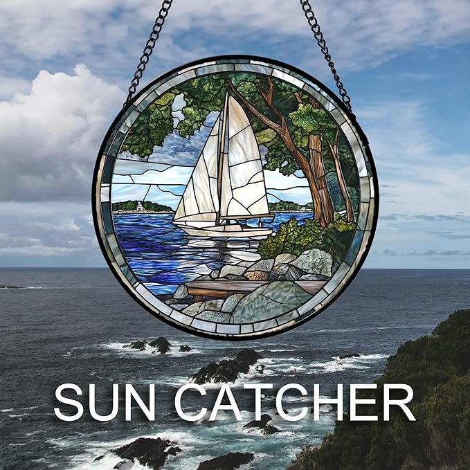 QZQCBLC Stained Glass Window Hanging Blue Ocean White Sailboat Large 15" - Nature Suncatcher Door Garden Sun Catcher Home Decor Birthday Christmas for Woman Mom Men Friend Nana