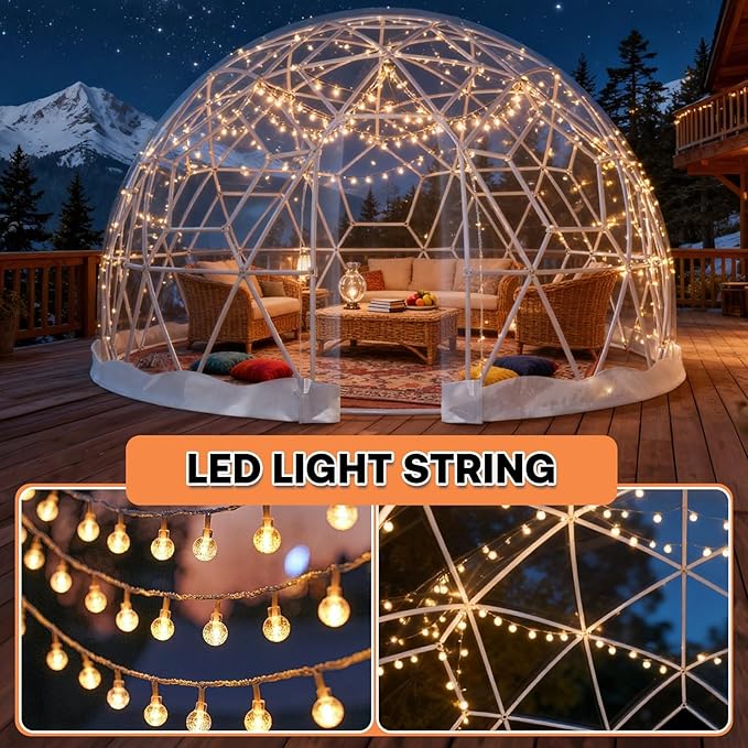 Garden Dome Tent 12*7.2FT, 360° View Geodesic Dome Greenhouse with PVC Clear Cover, Waterproof Garden Bubble Dome Tent House with 2 x 10M Light Strings for Outdoor, White