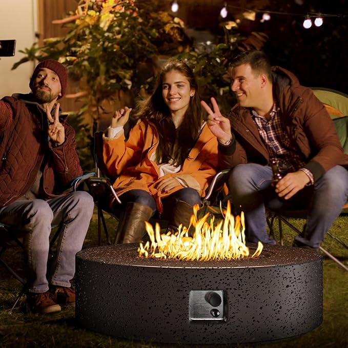 SUNBURY 42 inches Round Propane Outdoor Fire Pit, Gas Patio Fire Table 50,000 BTU Concrete Travertine Design, Circular Base Firepit with Lava Rocks, Waterproof Cover (Brown)