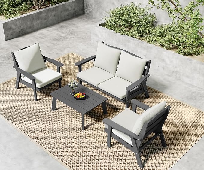 FOOWIN 4-Piece Patio Furniture Set, HDPE All-Weather Outdoor Conversation Set with Thick Cushions, Sectional Patio Sofa Furniture for Deck, Porch, Lawn, Garden, Grey Frame & White Cushion