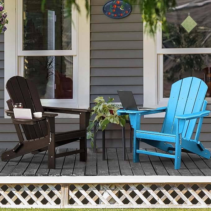 Adirondack Chair, HDPE Folding Adirondack Chair with Multifunctional Cup Holder, Weather Resistant Fire Pit Chair for porches, patios, patios, poolsides, Decks.
