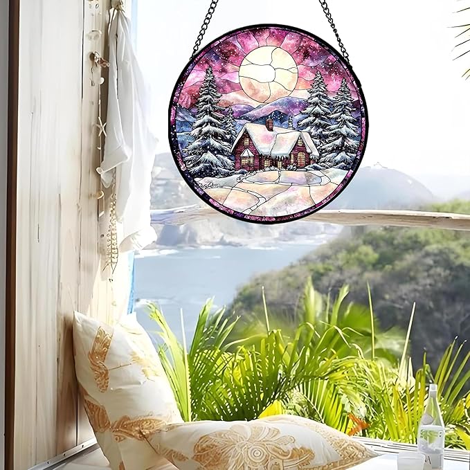 AMDERVEN Stained Glass Window Hanging - Winter Snow Scene Cabin Moon Sun Catcher for Door Garden Home Decor Pine Tree Suncatcher Christmas Mother's Day Birthday Gifts for Women Men Mom Nana 6.3 in