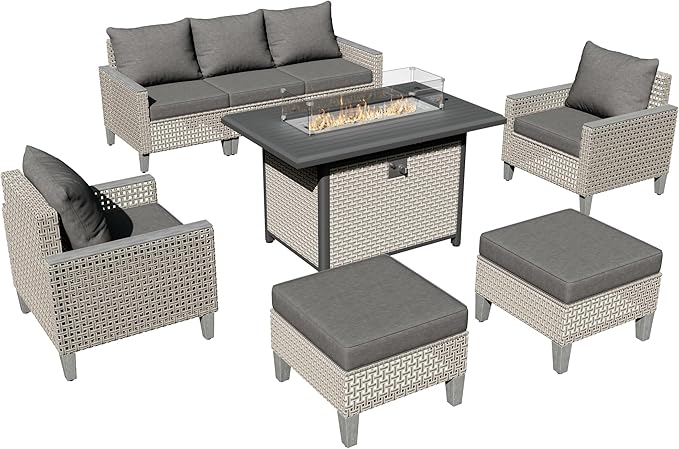 Outdoor Patio Furniture Set with Rattan Fire Pit Table 8-Piece Modular Wicker Sectional Sofa with Ottomans and Thick Cushions, Modern Rattan Outdoor Conversation Couch, Grey