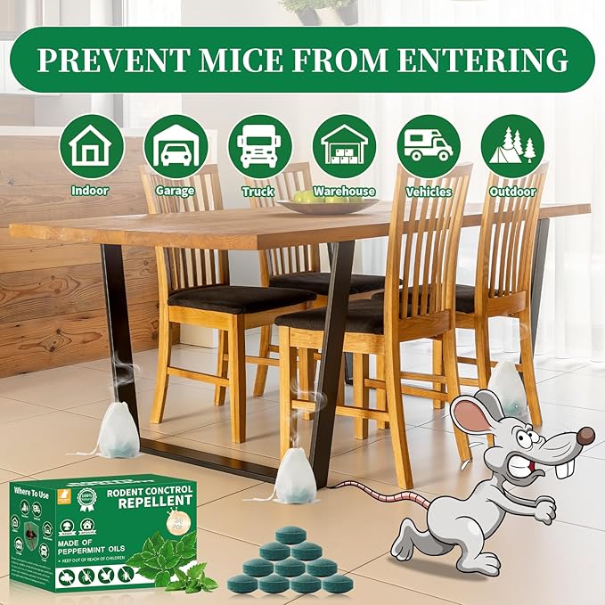 Mouse & Rat Repellent Pouches Peppermint Oil Mice Repellent - Rodent Deterrent Bags for Indoor/Outdoor Use, Home Garage Car RV Boat Cabin Protection (24 Pack)