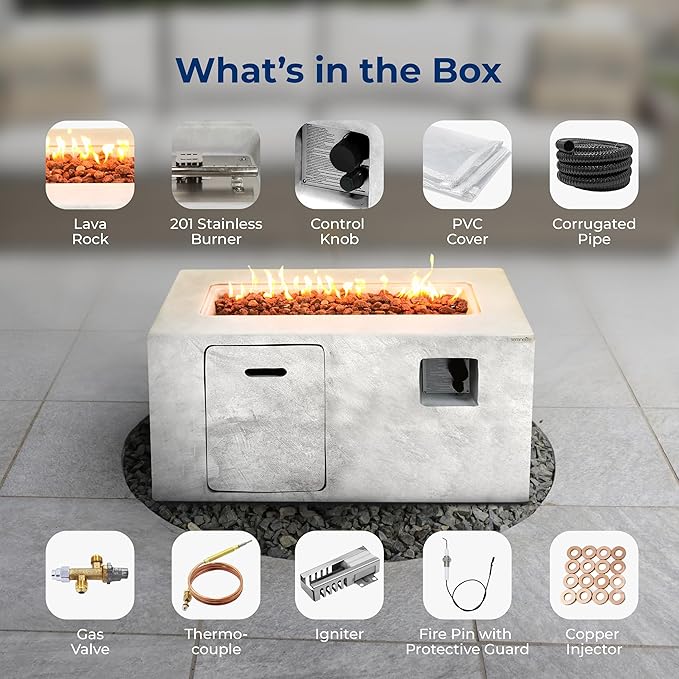 SereneLife Outdoor Propane Fire Pit Table - Square Gas Firepit with 50,000 BTU Heat, Stainless Steel Burner, Flame Control, Weather-Resistant Design, and PVC Cover for Patio or Backyard, 42"x20"x24"