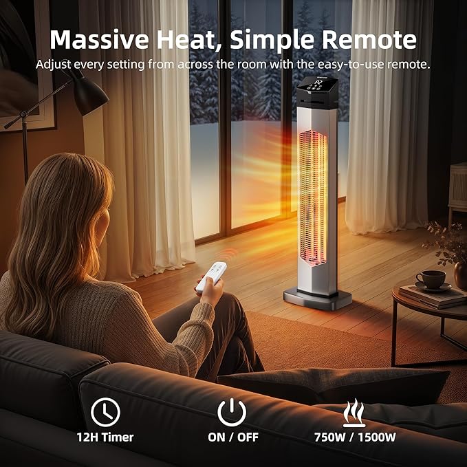 Uthfy 37 Inch Outdoor Electric Patio Heater, 1500W Infrared Heater with Remote, 12H Timer, IP65 Waterproof, Portable Tower Heaters for Home, Garage, Porch, Shop, Backyard, Indoor and Outdoor Use