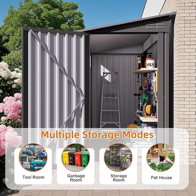 4x9 FT Outdoor Storage Shed,Lean to Metal Shed W/Window,All Weather Waterproof Garden Storage Shed W/ 6 Air Vents & 1 Lockable Door,Weatherproof Tool House W/Sloped Roof,for Lawn,Gray