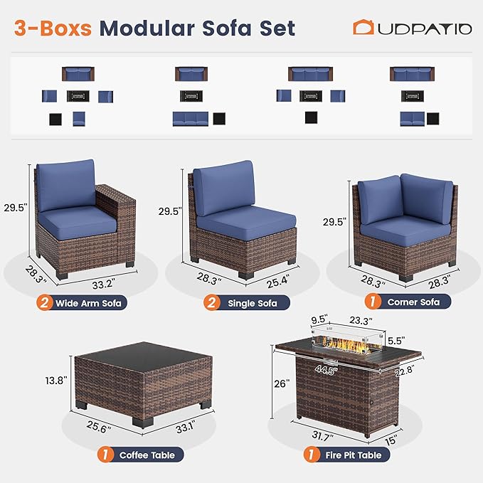 UDPATIO Patio Furniture Set with Fire Pit Table, 8 Inch Armrest Outdoor Sectional Sofa, 7 Piece Wicker Outdoor Furniture Conversation Sets with Waterproof Cover for Backyard Deck(Brown/Navy Blue)