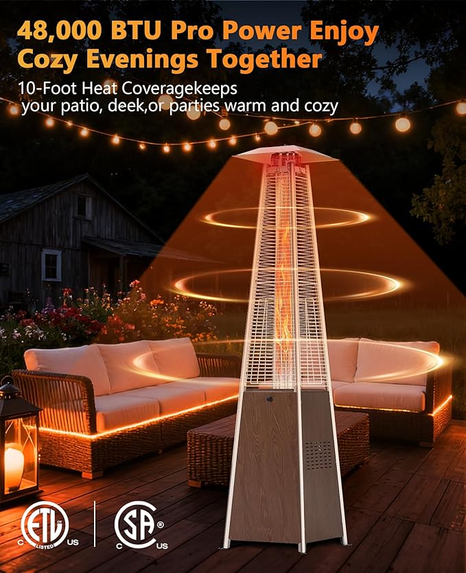 HUGROVE Pyramid Patio Heater, 48,000 BTU Rapid Heating Outdoor Propane With Wheels and Weatherproof Cover, Triple Protection System for Patio, Backyard, Garden, Pool (1 Brown Heater)