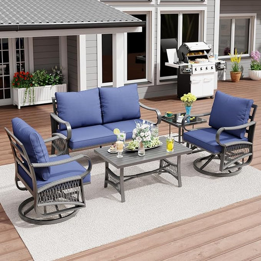 5 Piece Patio Furniture Set, Outdoor All Weather Conversation Sofa Set with 2 Swivel Chairs, Rope Braided Design and Thick Cushions for Garden, Porch, Lawn, Blue