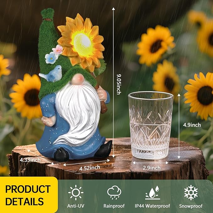 Ayadon Solar Gnome Statue Outdoor Decor,Gnome Figurines with Glowing Sunflower LED Light Decoratons,for Garden Patio Yard Lawn Balcony,Housewarmng Christmas Fairytale Gifts for Women Mom Grandma
