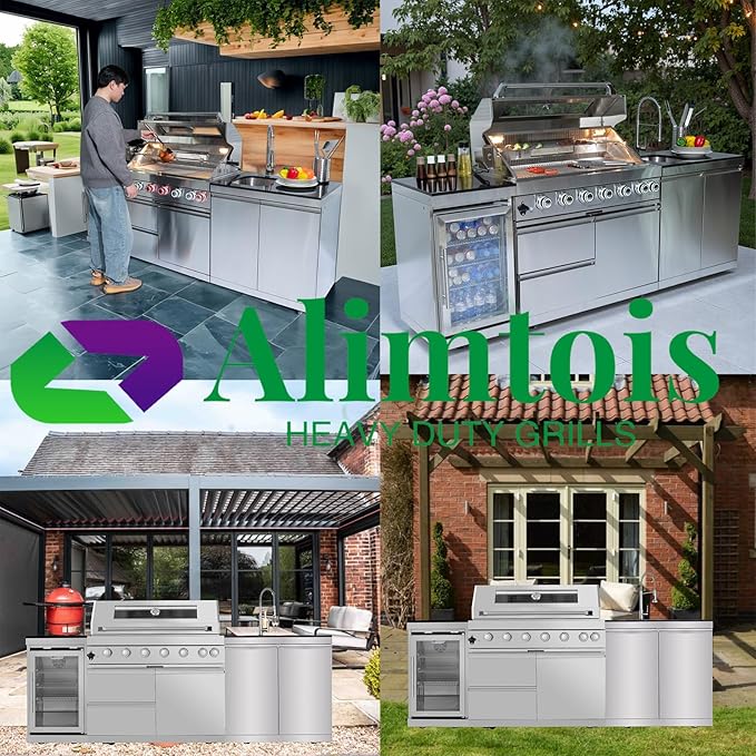 BBQ Island Outdoor Kitchen: 96-Inch 6-Burner 85000 BTU Modular Outdoor Grill Islands with Grill + Wine Cooler Refrigerator + Rotisserie + / Steel Sink/Storage Cabinets & Drawers