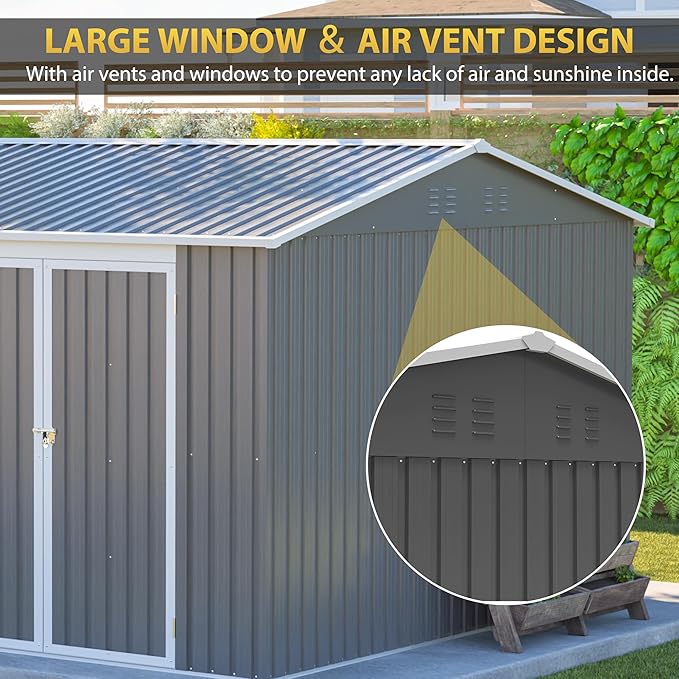 12x10 FT Heavy Duty Metal Outdoor Storage Shed with Window & Floor Frame, Lockable Double Doors, Weatherproof Steel Garden Tool Shed for Bikes, Lawn Mowers, Patio & Backyard Equipment Storage