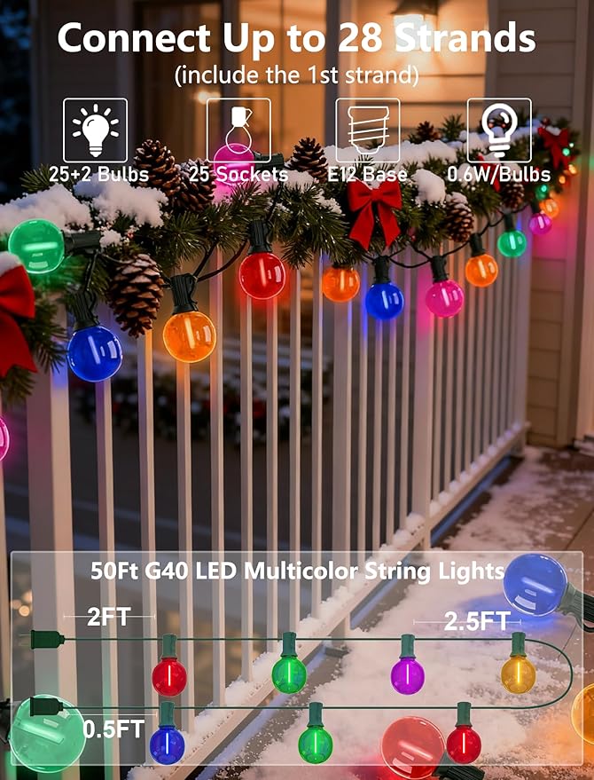 Pallerina 50Ft Outdoor Clear Multicolor Lights, LED G40 Globe Patio String Lights with 25 0.6W Colorful Bulbs(2 Spare), Outside Christmas Lights for Holiday Party Backyard Christmas