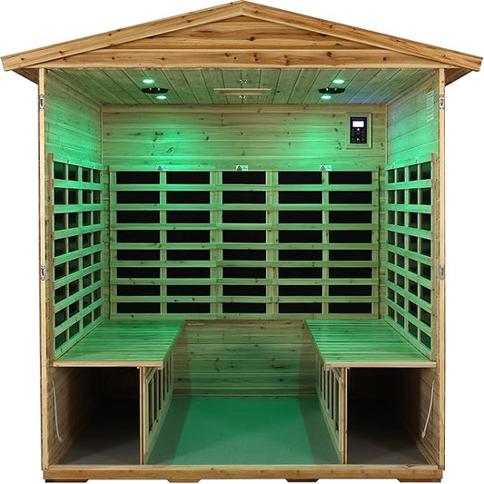 Full Spectrum Outdoor Far Infrared Sauna 4-Person Plus, Massive Interior Low EMF Sauna for Home, Near&Mid-IR Light , Bluetooth Speakers, LED Reading Lamps, Chromotherapy Light (81.1*60.6*83.5 inch)