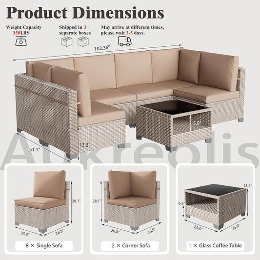 11 Pieces Patio Furniture Set, Outdoor Sectional Wicker Sofa with Thick Cushions and Storage Coffee Table, Rattan Patio Conversation Sets for Deck Garden Poolside, Khaki
