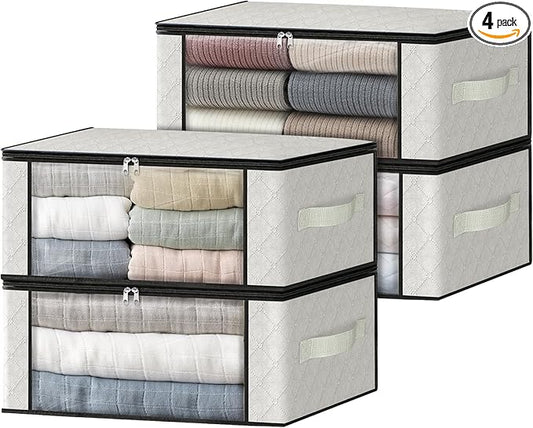 HomeHacks Storage 4-Pack Clothes Organizer Storage Bags Foldable Storage Box with Large Clear Window Sturdy Handles for Closet, Dorm, Pillows, Bedding, Clothes, Blankets, 35L, Ivory