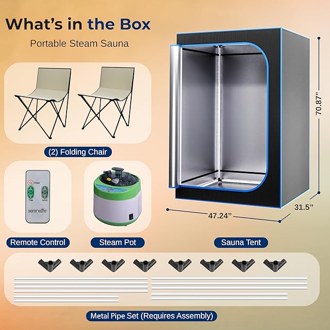 SereneLife Portable Sauna for Home, 2 Person Steam Sauna Tent with 4L Steamer, 2 Folding Sauna Chairs, Remote Control In-Home Spa, 6' x 4'