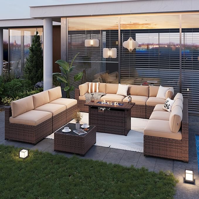 Aoxun Patio Furniture Sets, 12-Piece Outdoor Patio Furniture with 44'' Propane Gas Firepit Table, Wicker Outdoor Conversation Set Sectional Sofa for Backyard, Poolside, Garden