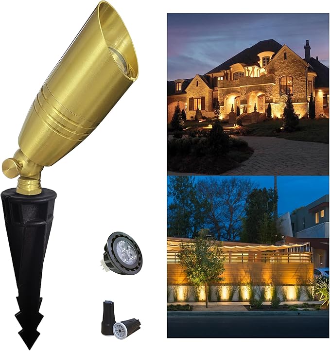 Brass Outdoor Spotlights,12V Low Voltage Landscape Lighting with MR16 LED Bulb,Waterproof Landscape Spot Lights for Yard,Garden,Lawn,Tree (1-Pack with Bulb)