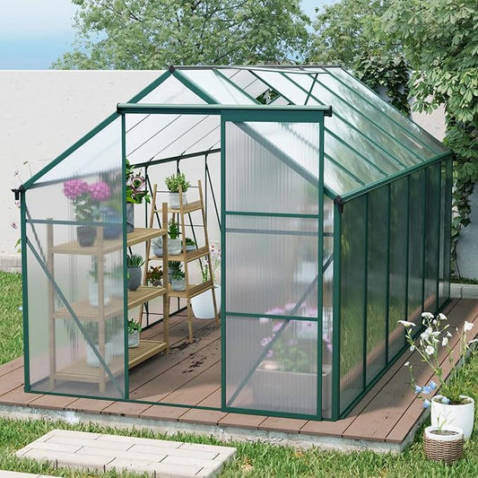 6×12 FT Polycarbonate Greenhouse for Outdoors, Large Walk-in Aluminum Green House Kit with Raised Base, Anchor, Sliding Door & Roof Vent, Heavy-Duty Outdoor Winter Greenhouse, Green