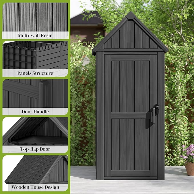 Fancyango Upgraded Outdoor Resin Storage Shed with Removable Shelves, Lock Ring & Reinforced Floor - All-Weather Garden, Patio Cabinet (Black)