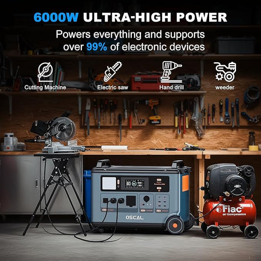 OSCAL 6000W Solar Generator With 4×400W,120V/240V Split Phase Voltage Portable Power Station PowerMax 6000, 6000w AC Output (9000W Surge),2400W MPPT Solar for Emergency 777