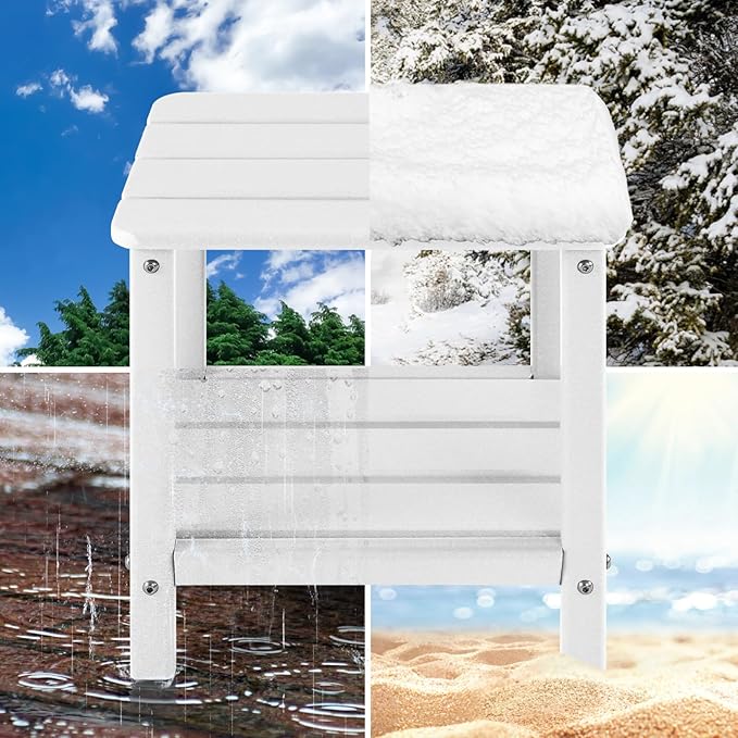 Set 2 Adirondack Outdoor Side Table, 2-Tier Small Patio End Table, Weather Resistant HDPE Outdoor End Tables for Garden, Lawn, Pool, Beach, Porch, Deck, Backyard - Square, White