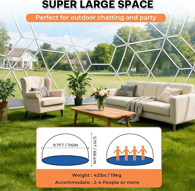 Garden Dome Tent 9.5*5.7FT, 360° View Geodesic Dome Greenhouse with PVC Clear Cover, Waterproof Garden Bubble Dome Tent House with 2 x 10M Light Strings for Outdoor, White